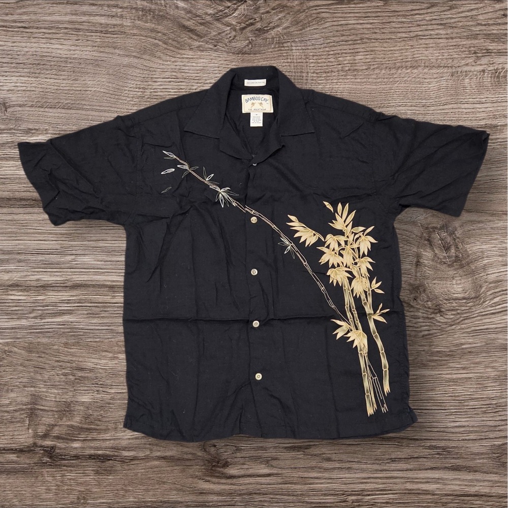 Bamboo Cay Mens Shirt Medium Black Bamboo Embroidered Rayon Short Sleeve Camp